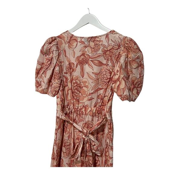 CECE WOMENS SIZE SMALL FLORAL PUFF SLEEVE BELTED LINEN BLEND MAXI DRESS PINK NEW - Picture 9 of 13